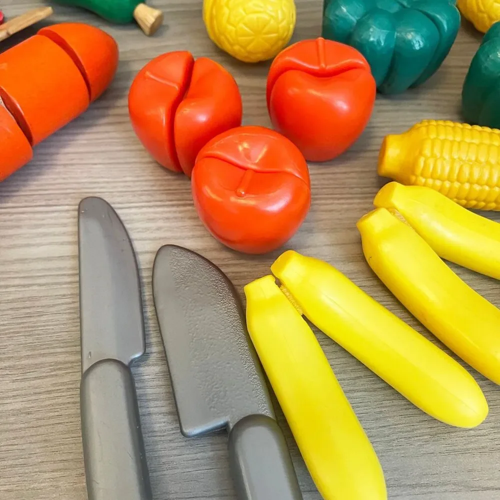 Vintage Play Food Lot Cutting Fruits Vegetables Knives Pretend Pull Apart